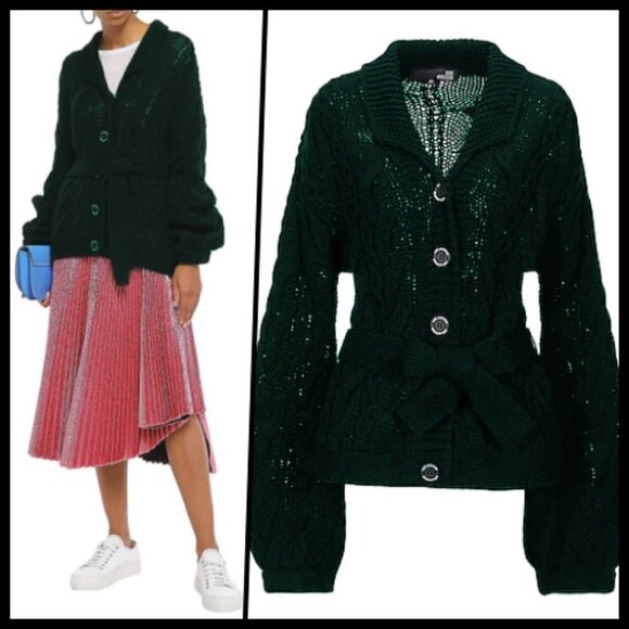 MOSCHINO Cable-knit Wool Belted Cardigan Green S 4 - Picture 1 of 9